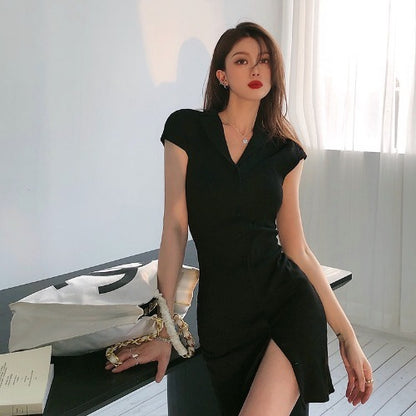 Polo Collar Knitted Dress Bag Hip Skirt