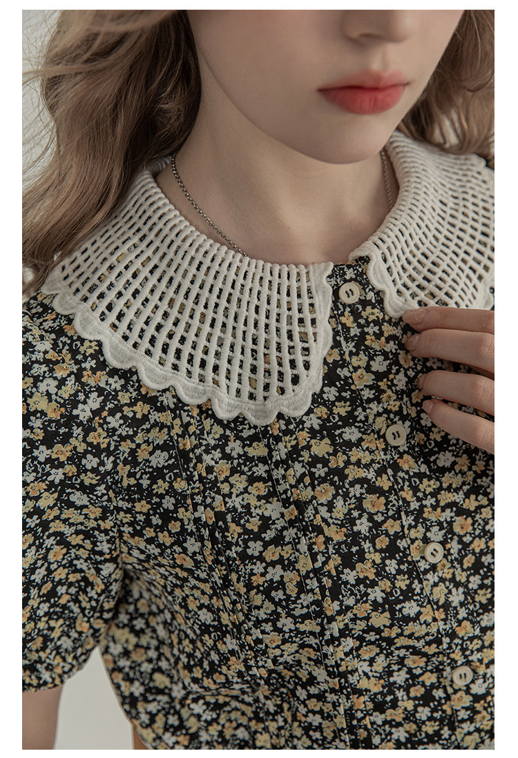 Bubble Sleeved Floral Short Sleeved Top For Women