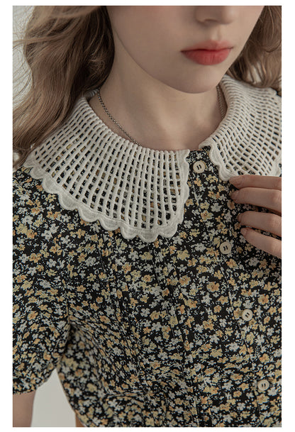 Bubble Sleeved Floral Short Sleeved Top For Women