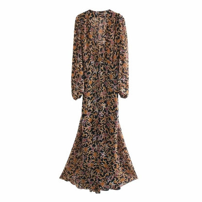 Za Women Dresses Floral Retro Printed V-neck Long sleeves Tulle Dress Woman vintage Goth Long dress