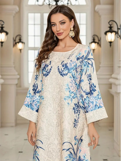 Elegant Floral Print Long Sleeve Abaya Dress