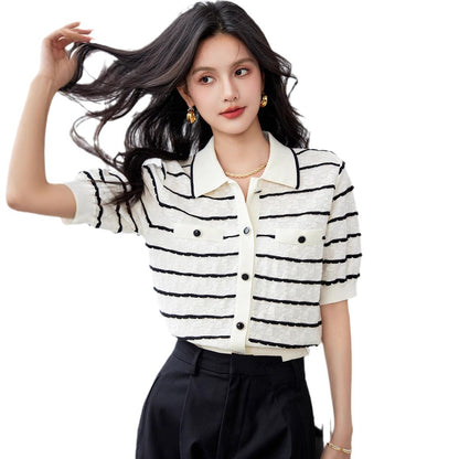 Elegant Polo Collar Striped Women's Contrast Colors Slimming Knitted Short Sleeve