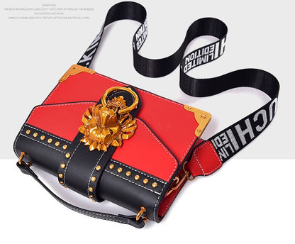 Women Fashion Pack Shoulder Bag with Metal Lion Head Crossbody Package