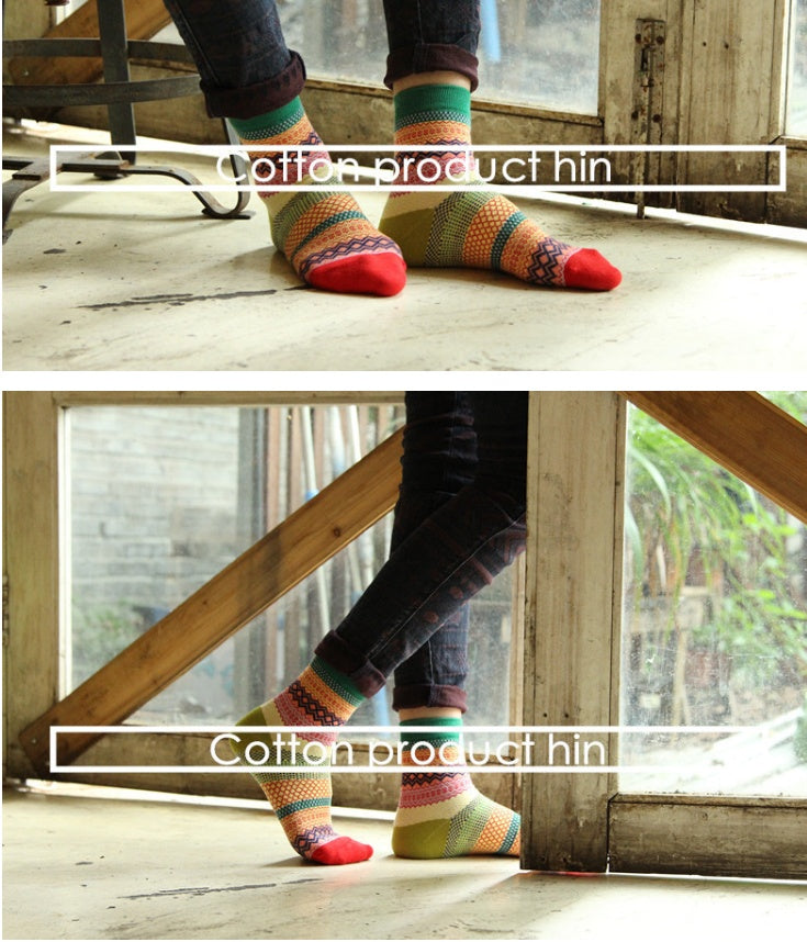 Vintage ethnic wind tube female socks horizontal strip double road socks cotton socks socks