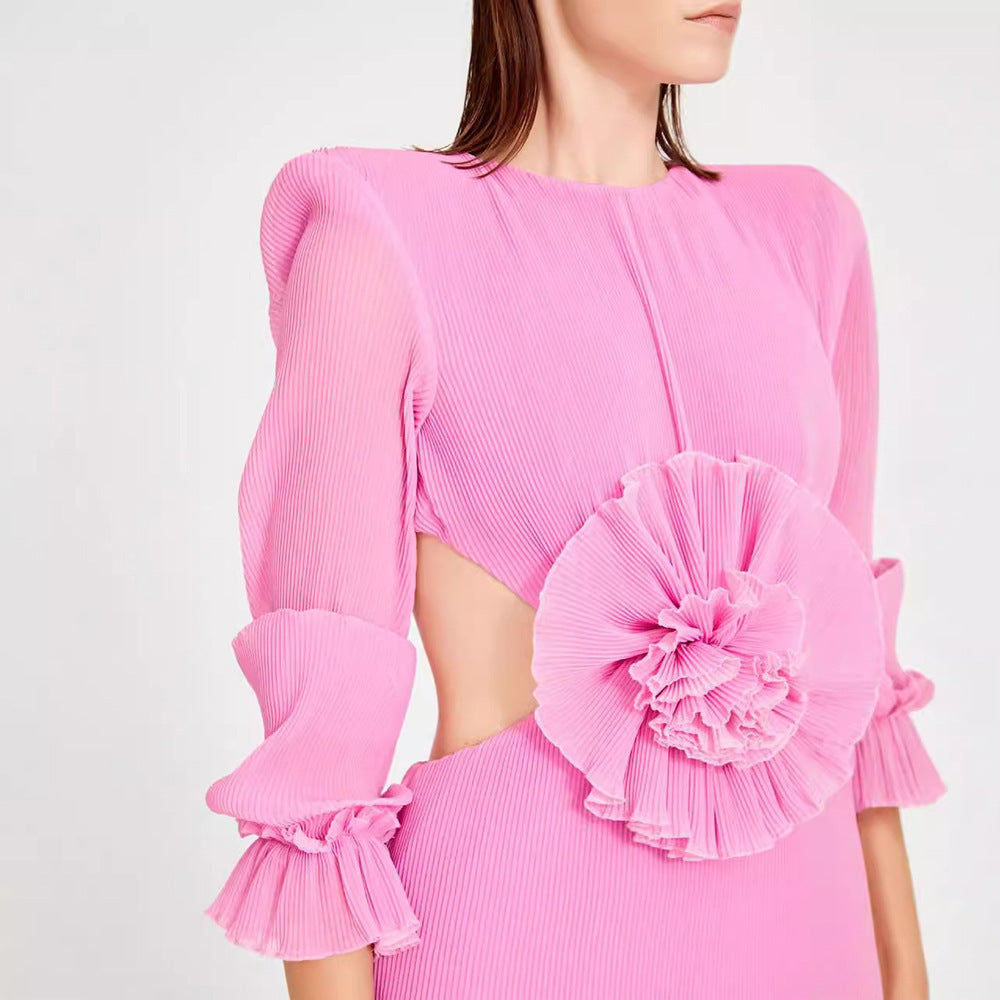 Women's Backless Long Sleeves Bandage Floral Dress Slim Fit Skirt