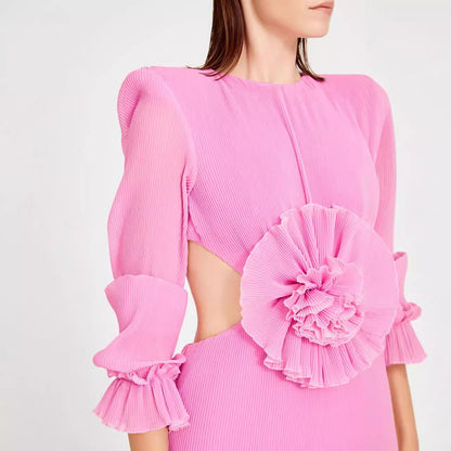 Women's Backless Long Sleeves Bandage Floral Dress Slim Fit Skirt