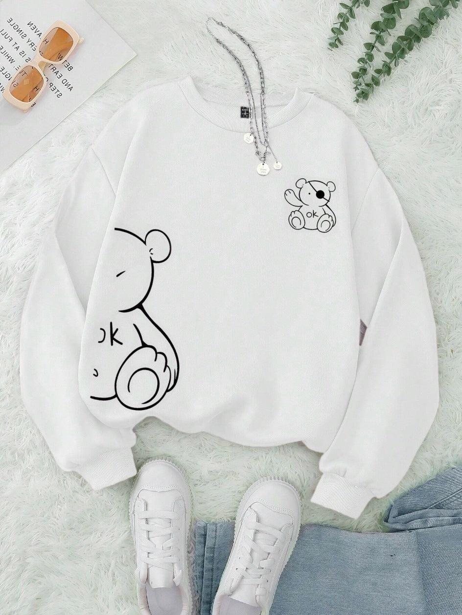 Kawaii OK Teddy Bear Printing Sweatshirts For Women Classic