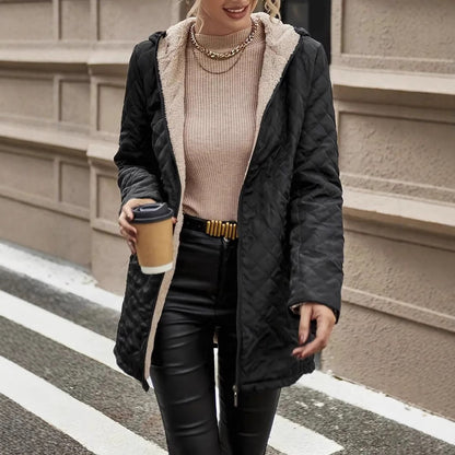 Mid-length Small Plaid Hooded Long-sleeved Warm Jacket