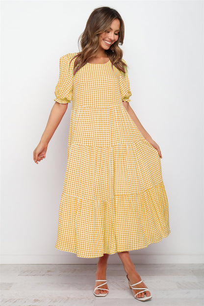 Puff Sleeves Plaid Polka Dot Stitching Loose Dress Long Skirt