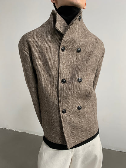 Double Breasted Stand Collar Woolen Cloth Coat Jacket