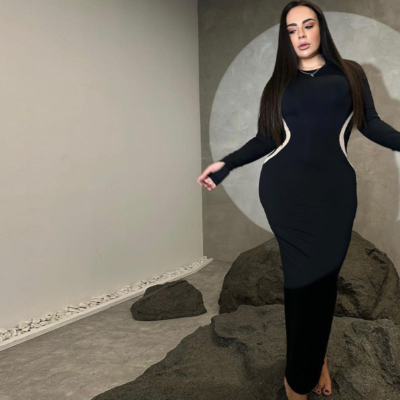 Colorblock Slim Fit Round Neck Long Sleeves Finger Stall Dress