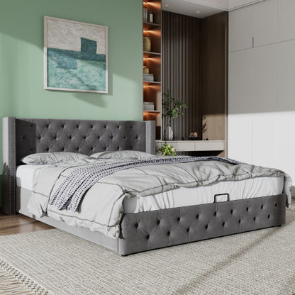 Upholstered Bed, With Hydraulic Lever, Functional Bed From Storage, 150 X 200 Cm, Without Mattress, Velvet, Gray