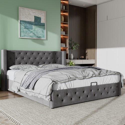 Upholstered Bed, With Hydraulic Lever, Functional Bed From Storage, 150 X 200 Cm, Without Mattress, Velvet, Gray