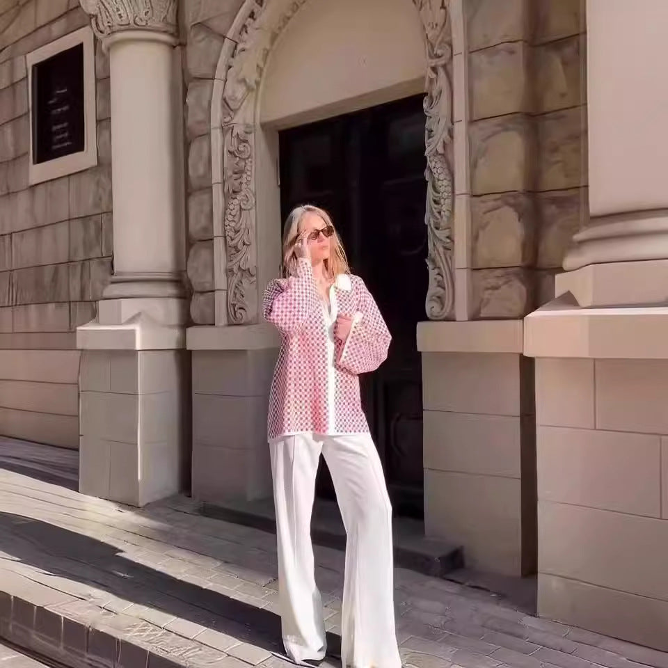 Color Matching Polo Collar Coat Cardigan Women's Clothes