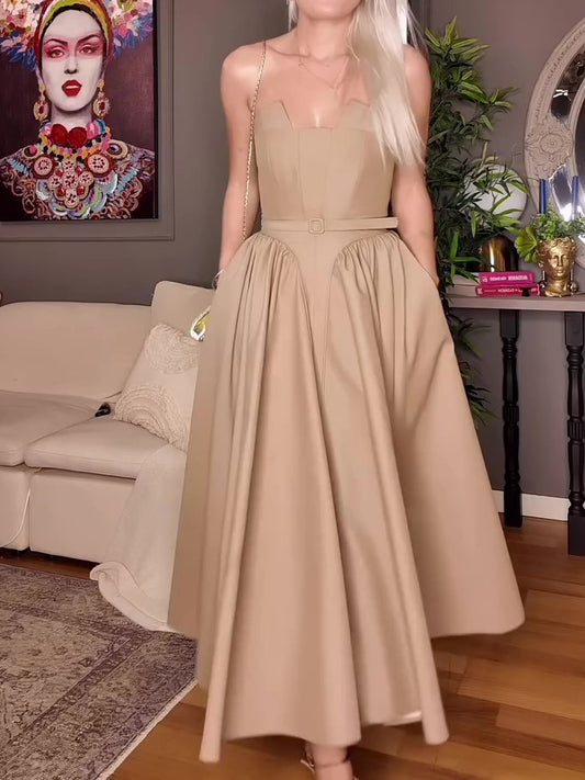 Khaki Tube Top Patchwork Swing Dress