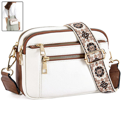 Triple-zipper Shoulder Bag With Floral Embroidered Straps Fashion Colorblock Multi-functional Crossbody Bags For Women