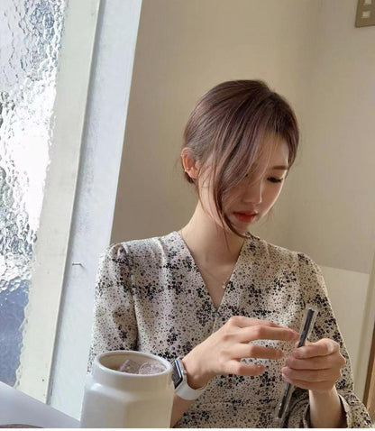 Elegant V Neck Printed Puff Sleeves High Waist Slim Long Dress