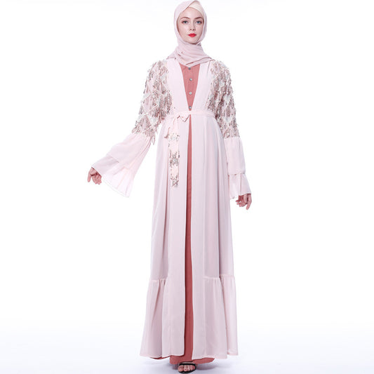 Sequined Tassel Chiffon Outer Flare Sleeve Female Muslim Long Skirt
