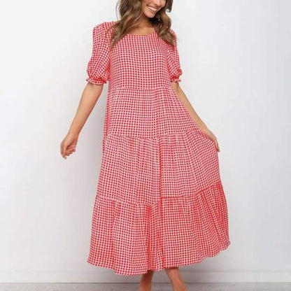 Puff Sleeves Plaid Polka Dot Stitching Loose Dress Long Skirt