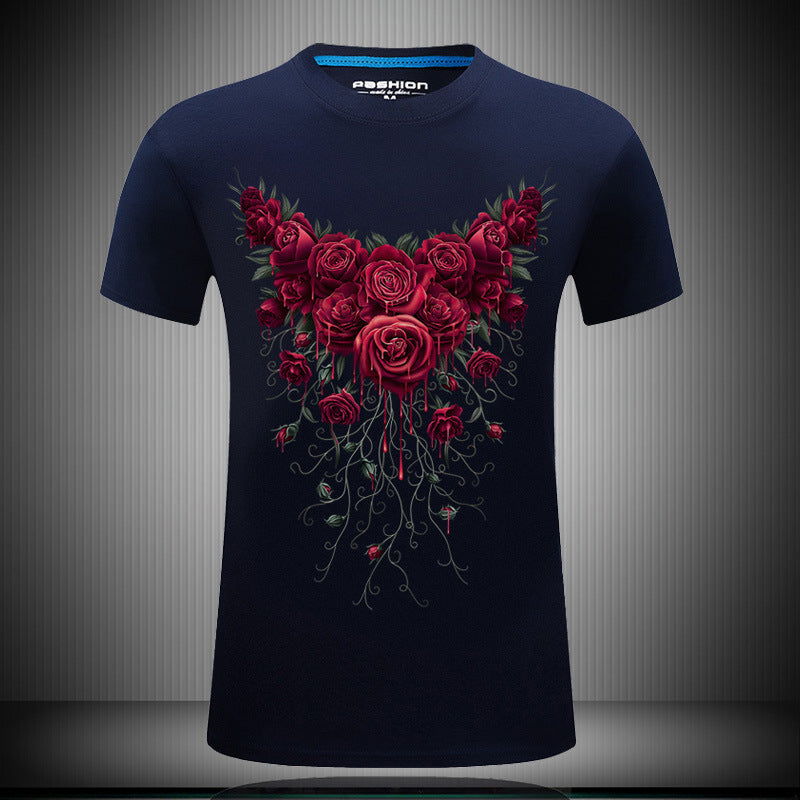 Men's short sleeved 3D T-shirts pure cotton tide brand character printing collar loose plus fat half sleeved shirt T rose