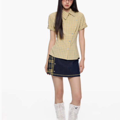 Short Sleeved Checkered Slimming Shirt For Women