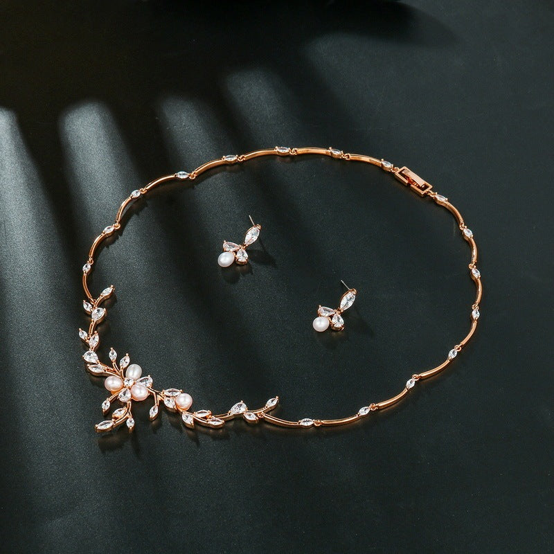 Sweet Pearl Zircon Ear Stud Necklace Jewelry Suit