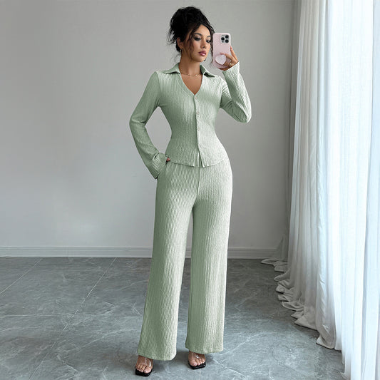 Button Shirt Wide-leg Pants Suit For Women