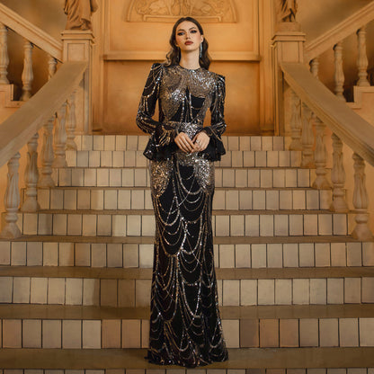 Long Sleeve Round Neck Slim-fit Sheath Sequined Banquet Fishtail Evening Dress