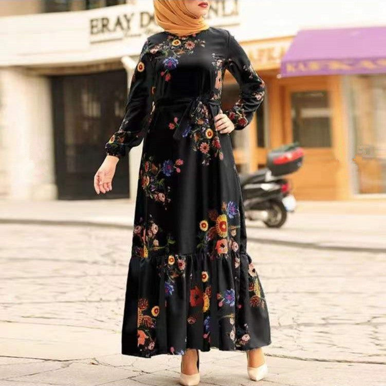 Turkish Muslim Women's Long Sleeve Printed Robe