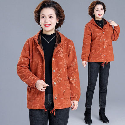 Fleece Lined Coat Hooded Short Middle-aged And Elderly Women's Wadded Jacket