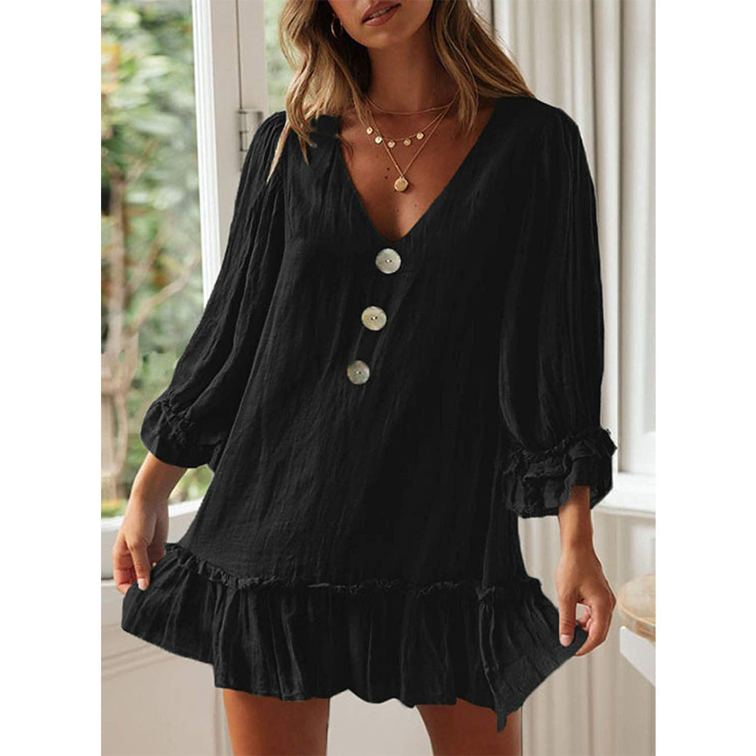Women's Fashion Loose-fitting Long Sleeves Ruffled Hem Cotton Linen Dress