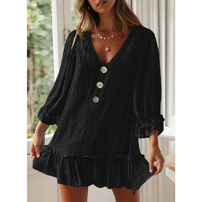 Women's Fashion Loose-fitting Long Sleeves Ruffled Hem Cotton Linen Dress