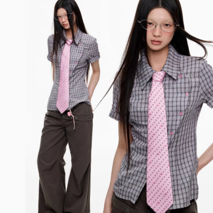 Short Sleeved Checkered Slimming Shirt For Women