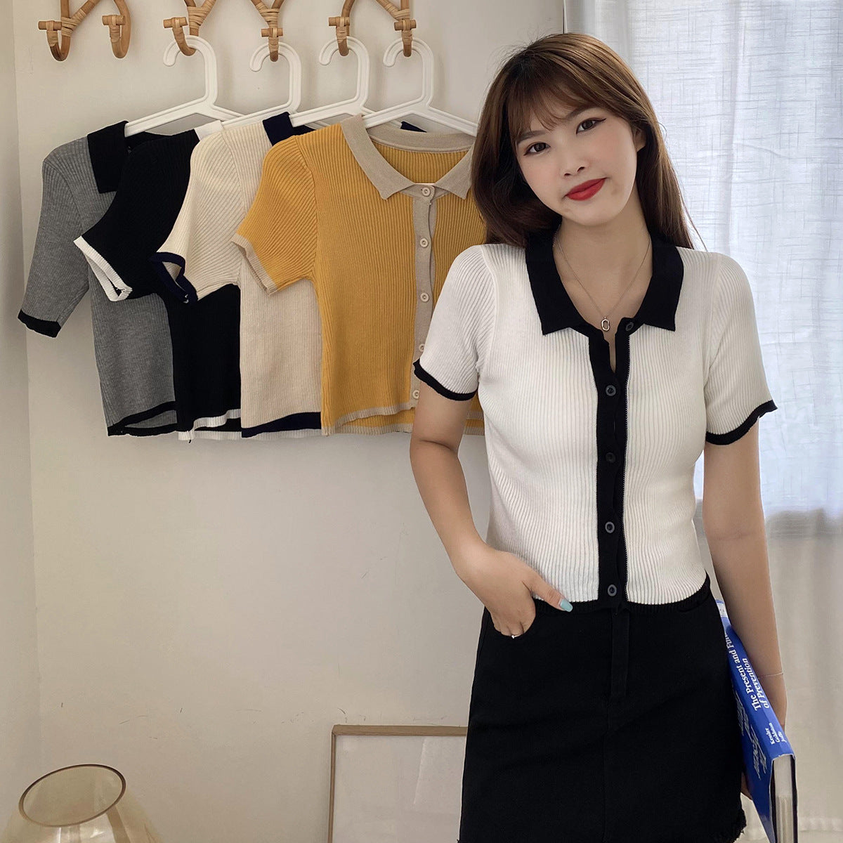 Vintage Short Sleeve Polo Neck Contrast Ice Silk Knit Sweater