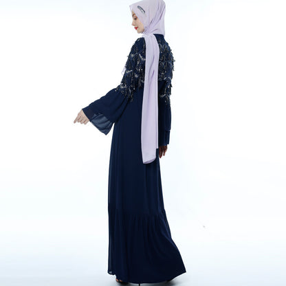 Sequined Tassel Chiffon Outer Flare Sleeve Female Muslim Long Skirt