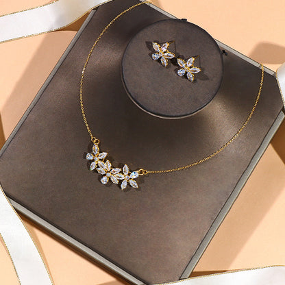 Flower Jewelry Suit Zircon Necklace Earrings