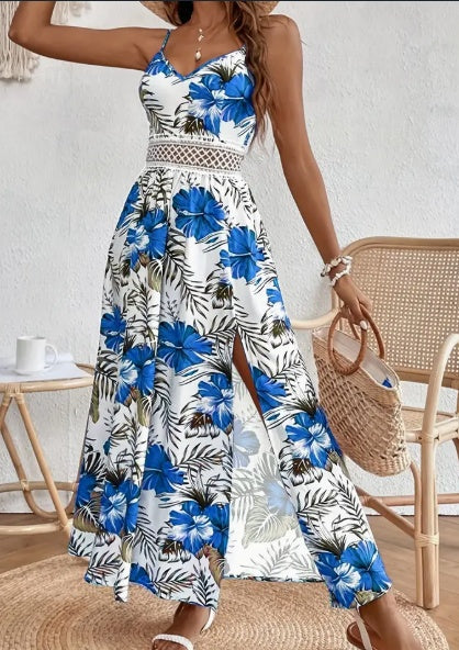 Womens Spring Summer Chic Maxi Dress - Adjustable Spaghetti Straps, Floral Print, Elegant High Slit - Versatile Day-to-Night Wear