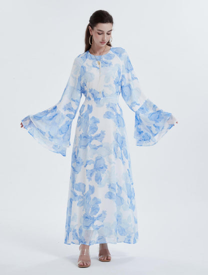 Muslim Chiffon Printed Bell Sleeve Dress