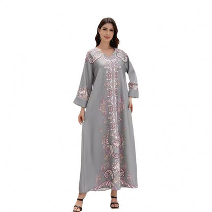 Muslim Women's Wear Robe Printing Hot Bead V-neck Turned Cuff Dress