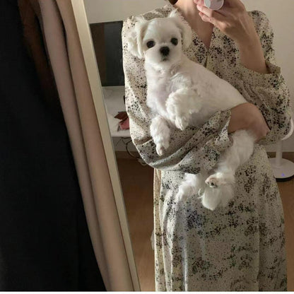 Elegant V Neck Printed Puff Sleeves High Waist Slim Long Dress