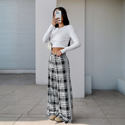 Casual Plaid Stitching Wide-leg Pants For Women