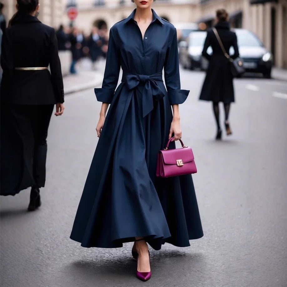 Solid Color Maxi Dress Lace-up Windbreaker Skirt