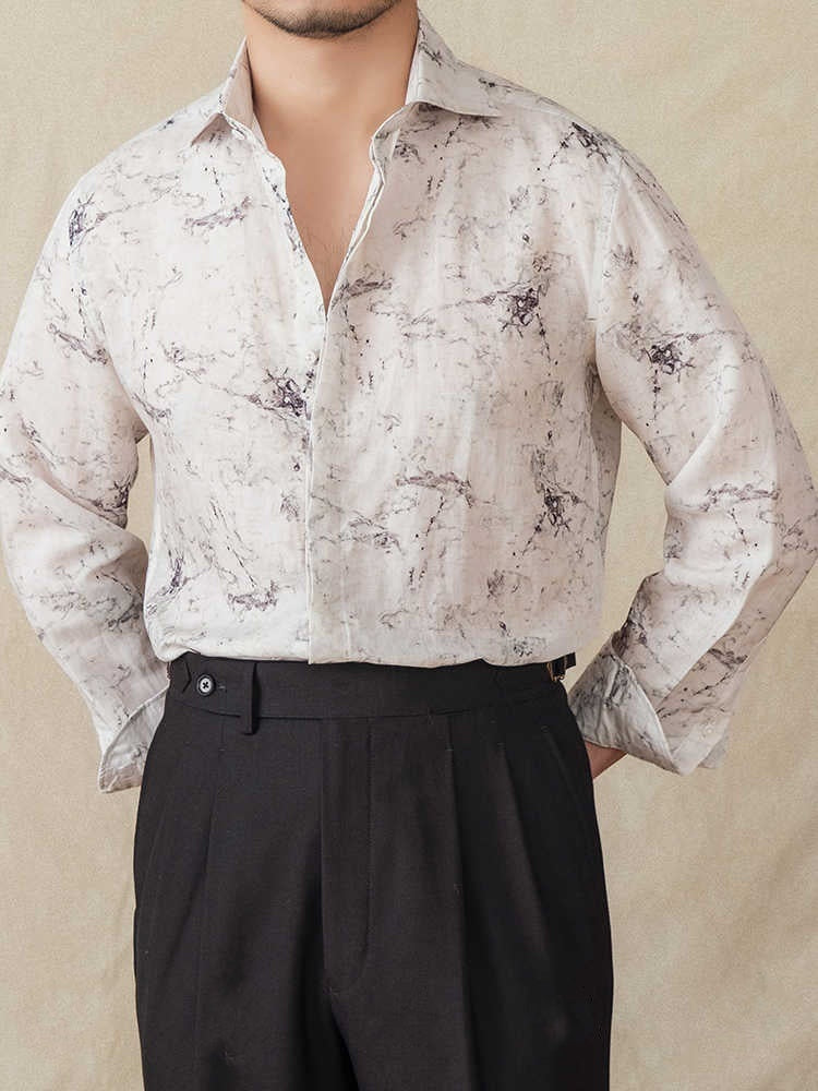 Thin Draping Breathable Long Sleeves Shirt Casual Retro Printed Shirt