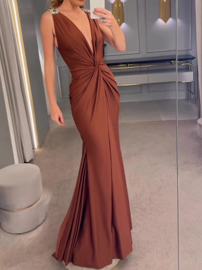 Elegant Draped Deep V - Neck Evening Dress