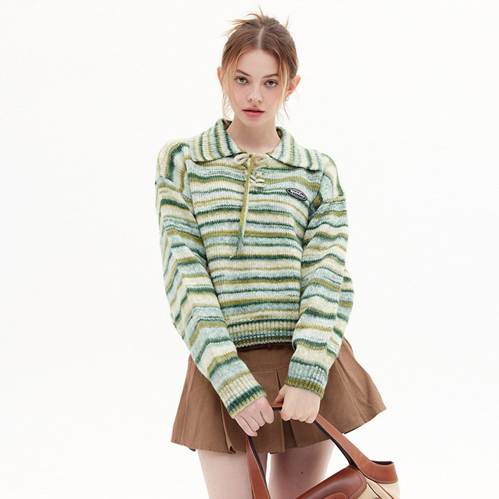 Lace-up POLO Sweater Gradient Sweater