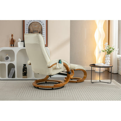 PU Upholstered Massage Recliner With Ottoman Footstool, 5 Points Massager, Bentwood Base For Living Room Bedroom, Beige