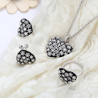 Retro Ethnic Style Love Heart Shape Necklace Earrings Ring Jewelry Three-piece Bridal Jewelry