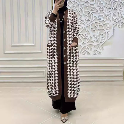 Women's Middle East Muslim Houndstooth Woolen Cardigan Jacket