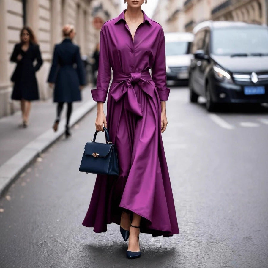 Solid Color Maxi Dress Lace-up Windbreaker Skirt