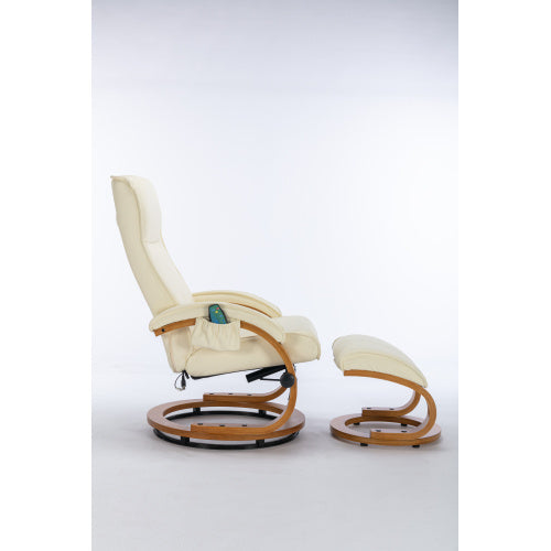 PU Upholstered Massage Recliner With Ottoman Footstool, 5 Points Massager, Bentwood Base For Living Room Bedroom, Beige